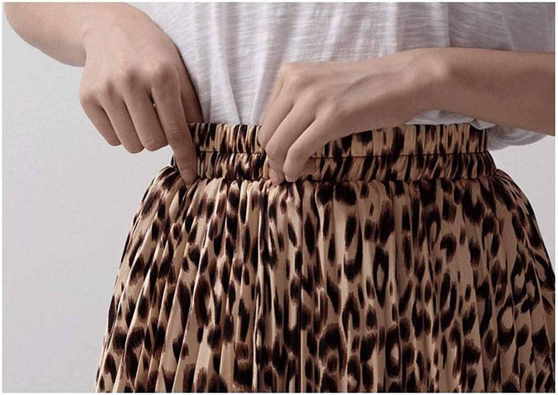 Basoteeuo Womens Skirt Leopard Print Midi Long Shirring Skirts High Waisted A Line Skirtss Yellow S - Image 3