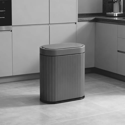 ELPHECO Bathroom Motion Sensor Trash can 2 Gallon Automatic Garbage Can Slim Plastic Smart Trash Can with Lid Commercial Intelligent Trash Bin for Bedroom Bathroom Office Cement Grey Black - Image 1