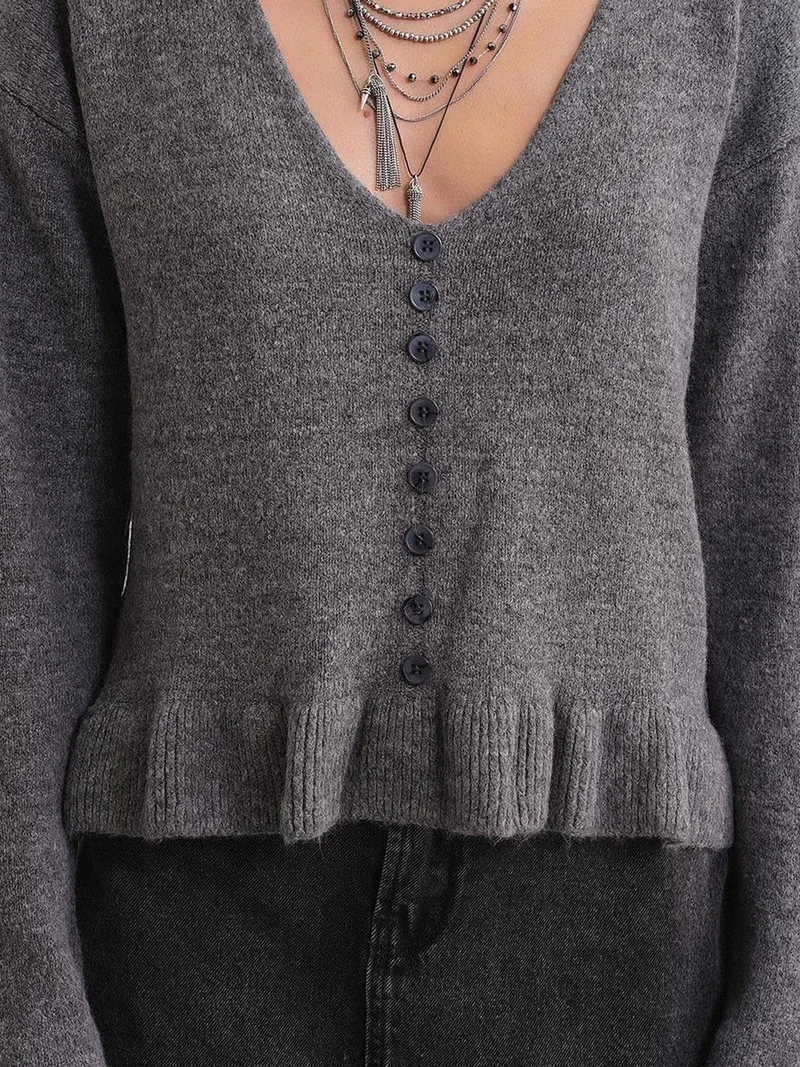 Mixray Dark Grey Mixray Lightweight V-Neck Knit Top with Button Detail for Women | Best Price UAE