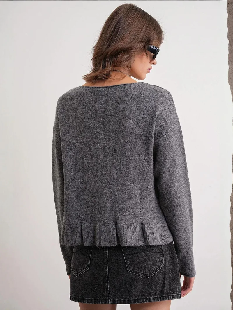 Mixray Dark Grey Mixray Lightweight V-Neck Knit Top with Button Detail for Women | Best Price UAE