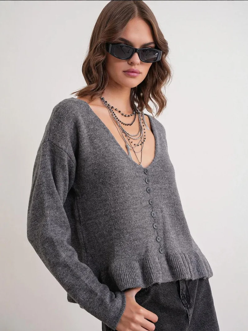 Mixray Dark Grey Mixray Lightweight V-Neck Knit Top with Button Detail for Women | Best Price UAE