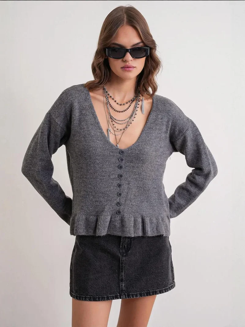 Mixray Dark Grey Mixray Lightweight V-Neck Knit Top with Button Detail for Women | Best Price UAE