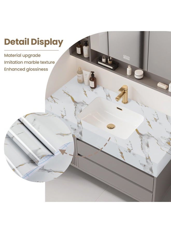 practicalws Glossy Marble Wallpaper Peel and Stick White/Gold Granite Contact Paper Removable Wall Paper for Kitchen Countertop Cabinet Furniture 17.7" x 196.8" - Image 4