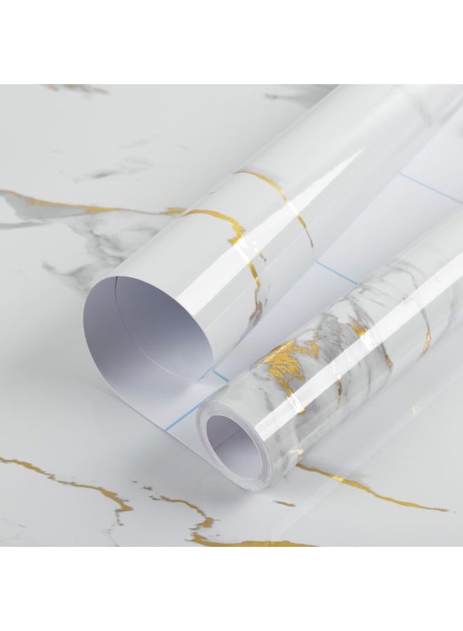 practicalws Glossy Marble Wallpaper Peel and Stick White/Gold Granite Contact Paper Removable Wall Paper for Kitchen Countertop Cabinet Furniture 17.7" x 196.8" - Image 1