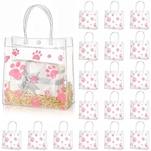 Teling 20 Packs Dog Paw Clear PVC Gift Bags with Handle Reusable Plastic Wrap Tote Bags Transparent for Puppy Pet Treat Party Favor Birthday Wedding Party 8 x 8 x 315 InchPink - Image 1