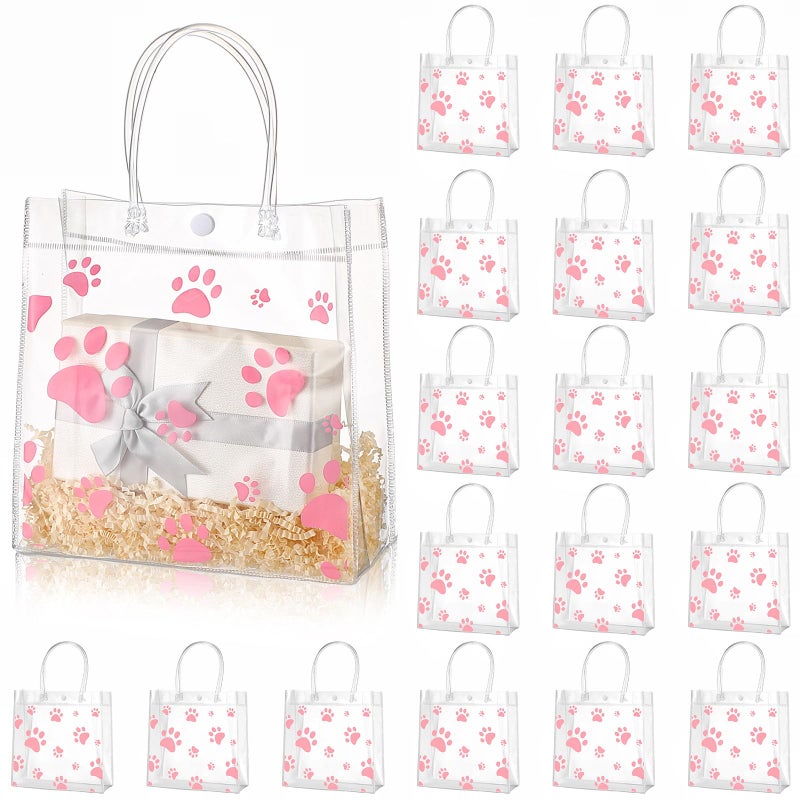 Teling 20 Packs Dog Paw Clear PVC Gift Bags with Handle Reusable Plastic Wrap Tote Bags Transparent for Puppy Pet Treat Party Favor Birthday Wedding Party 8 x 8 x 315 InchPink - Image 2