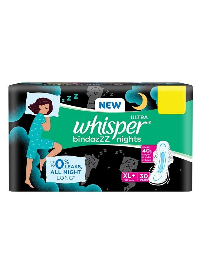 Whisper Bindazzz Nights Sanitary Pads, 30 Xl+ Pads, Upto 0% Leaks All Night Long, For Heavy Flow, 40% Longer & Wider Back, Comfortable Cushiony Soft Wings, Disposable Wrapper - Image 1