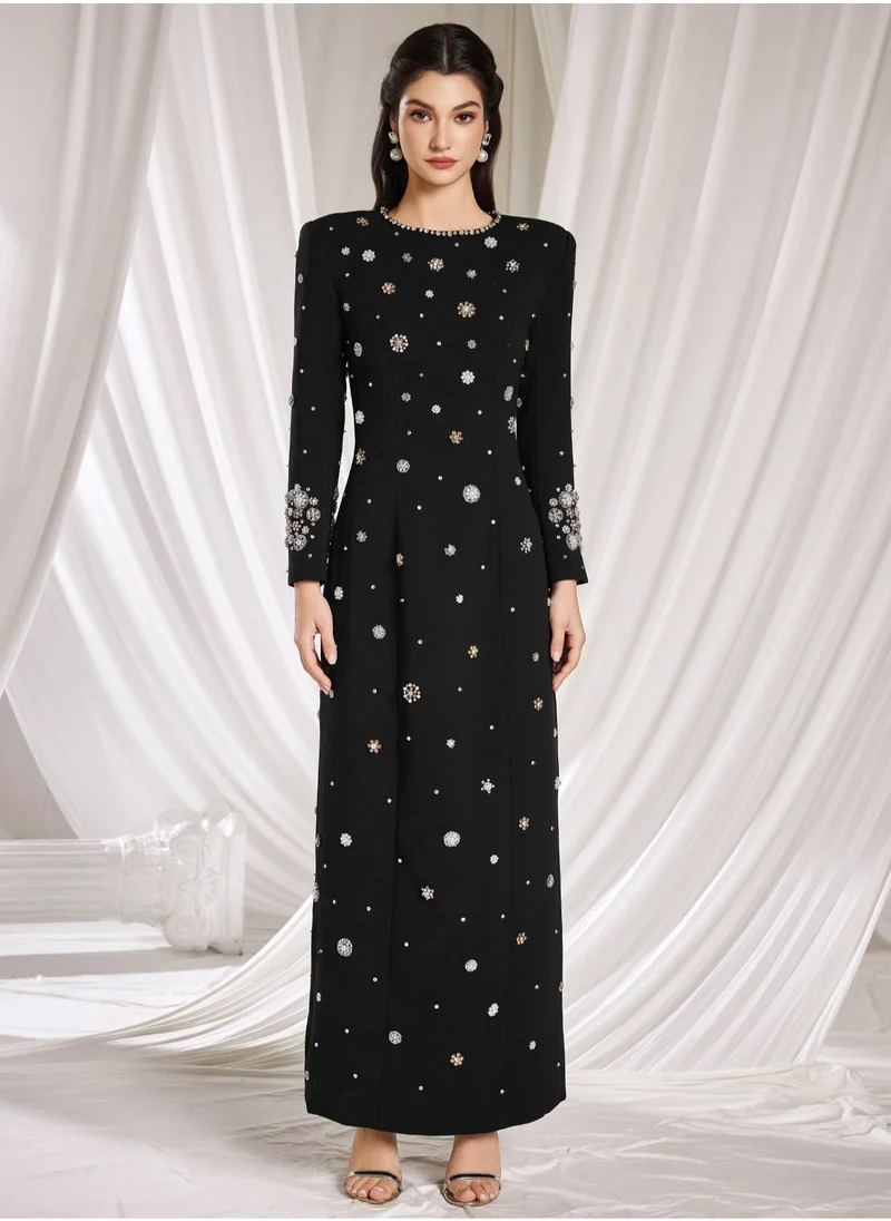 Madam Uniq Fashionable Black Long Dress with Heavy Beading and Rhinestone Embellishments