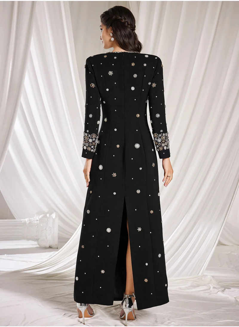 Madam Uniq Fashionable Black Long Dress with Heavy Beading and Rhinestone Embellishments