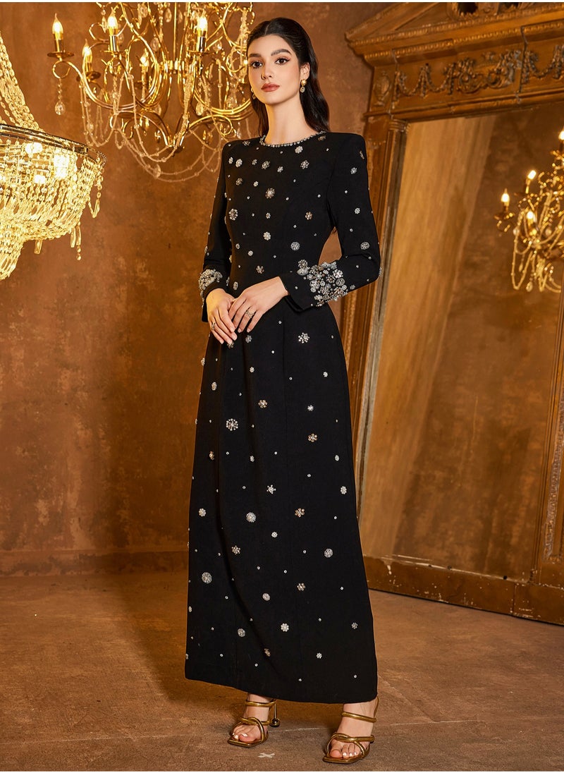 Madam Uniq Embellished Column Dress Stylish black long dress decorated with beads and gemstones  - Image 3
