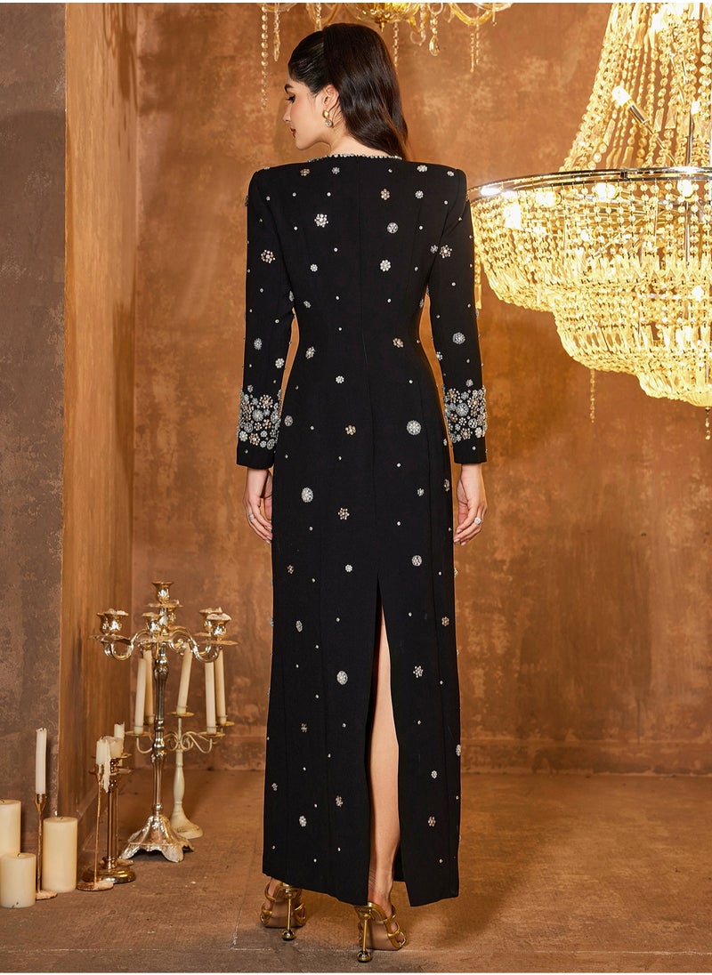 Madam Uniq Embellished Column Dress Stylish black long dress decorated with beads and gemstones  - Image 2