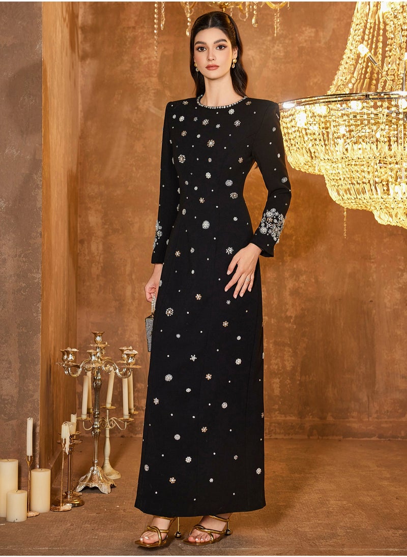 Madam Uniq Embellished Column Dress Stylish black long dress decorated with beads and gemstones  - Image 4