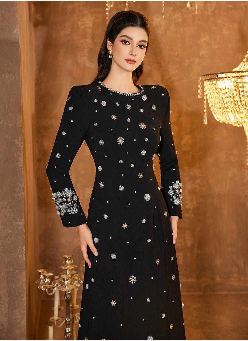 Madam Uniq Embellished Column Dress Stylish black long dress decorated with beads and gemstones  - Image 5
