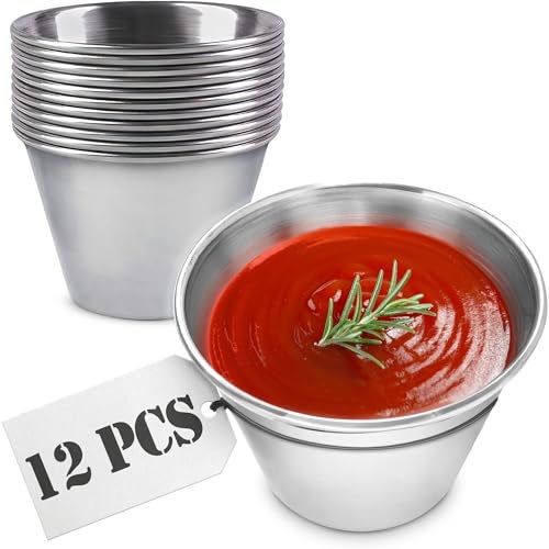 LAGARTO 12 Pcs Dipping Sauce Cups  25 Oz Dip Cups with Stackable Design  23 Diameter Precision Capacity for Portion Control  Durable Stainless Steel Build Suited for Hot  Cold Sauces