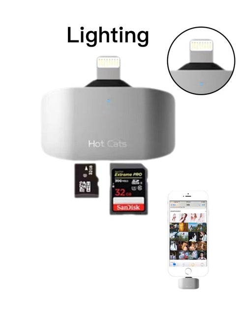 SD Card Reader for iPhone  iPad with Lighting interface, Supports SD, TF Card, Micro SD Card, Sliver