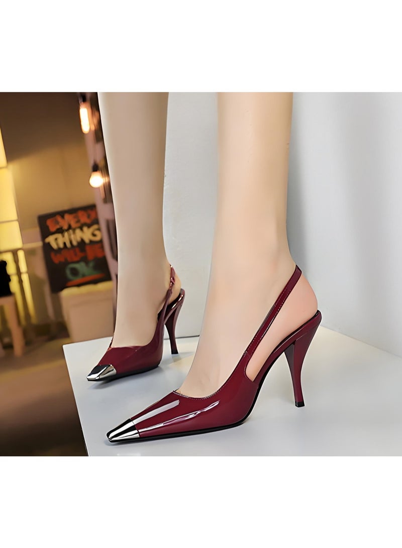 BIGTREE Women's Metal Closed Square Toe Pumps Slingback Stiletto High Heel Sandals Party Shoes Wine Red 9CM - Image 4