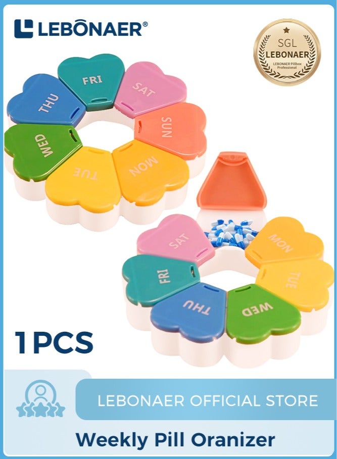 lebonaer Weekly Pill Organizer, Cute Pill Box Organizer 7 Day, Portable Pill Organizer, Heart Shaped Pill Case 1 time a Day, Medicine Supplement Vitamins & Cod Liver Oil Tablet Organizer - Image 1