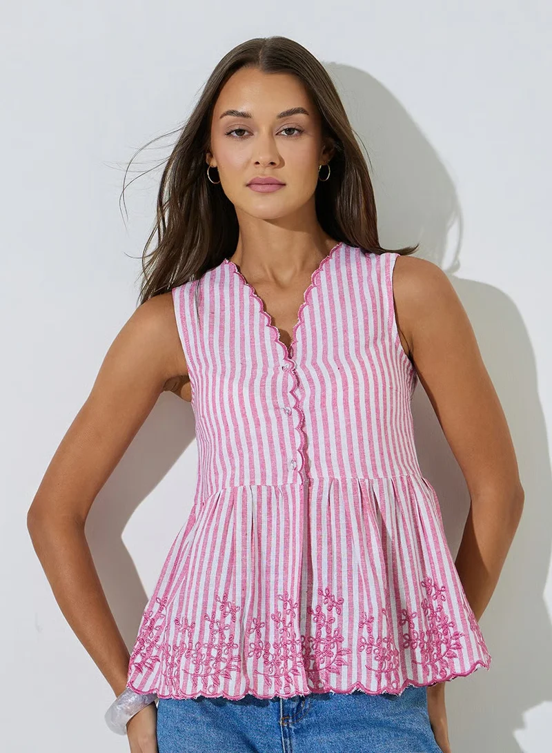 Pink Striped Embroidered Sleeveless Peplum Top