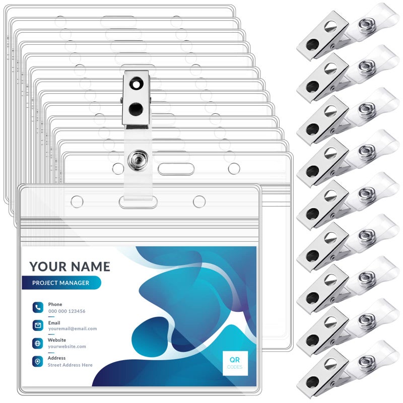 Maileto 100 Sets Badge Holders and Metal Clips Clear Horizontal Name Tag ID Card Holder with Clip Waterproof ID Badge Holder with Metal Clips - Image 1
