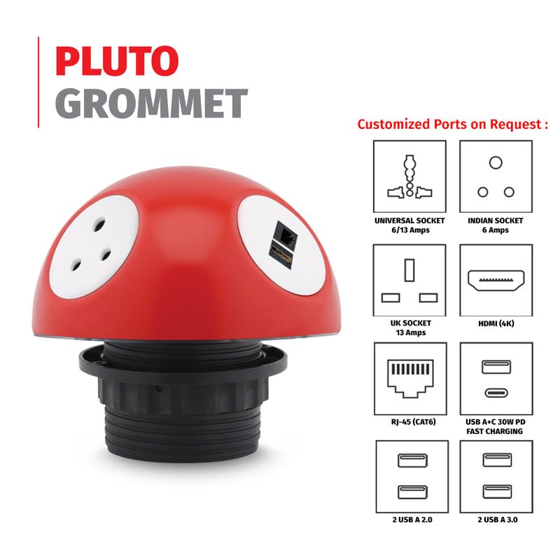 MX Pluto Grommet Power Hub with 2 Indian Sockets with 1 HDMI 1 CAT6 Port Multiple Devices Power Converter Easy Mounting Desktop Charging Station with LED Glow - Image 2