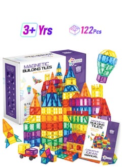 ESSEN Magnetic Tiles 122 PCS Building Blocks Magnet Toys for Kids Toddlers Educational Toys STEM Building Blocks 3D Magnet Puzzles Stacking Blocks for Boys Girls Set with 2 Cars and Ideas Book  - Image 1