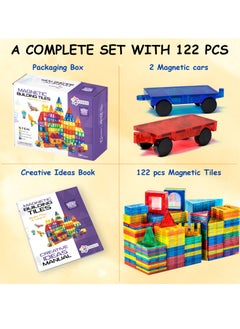 ESSEN Magnetic Tiles 122 PCS Building Blocks Magnet Toys for Kids Toddlers Educational Toys STEM Building Blocks 3D Magnet Puzzles Stacking Blocks for Boys Girls Set with 2 Cars and Ideas Book  - Image 2