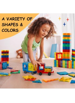 ESSEN Magnetic Tiles 122 PCS Building Blocks Magnet Toys for Kids Toddlers Educational Toys STEM Building Blocks 3D Magnet Puzzles Stacking Blocks for Boys Girls Set with 2 Cars and Ideas Book  - Image 5