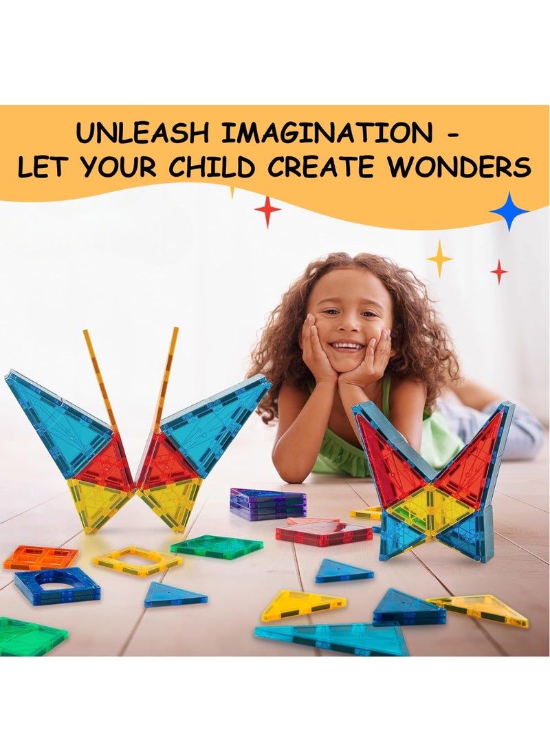 ESSEN - Magnetic Tiles 122 PCS Building Blocks Magnet Toys for Kids Toddlers Educational Toys STEM Building Blocks 3D Magnet Puzzles Stacking Blocks for Boys Girls Set with 2 Cars and Ideas Book - Image 1