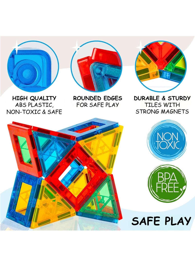 ESSEN Magnetic Tiles 122 PCS Building Blocks Magnet Toys for Kids Toddlers Educational Toys STEM Building Blocks 3D Magnet Puzzles Stacking Blocks for Boys Girls Set with 2 Cars and Ideas Book  - Image 4