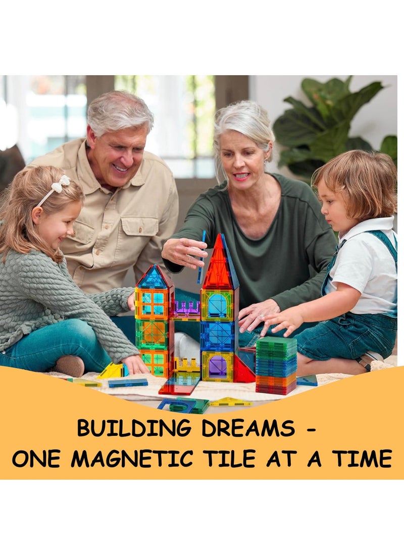 ESSEN - Magnetic Tiles 122 PCS Building Blocks Magnet Toys for Kids Toddlers Educational Toys STEM Building Blocks 3D Magnet Puzzles Stacking Blocks for Boys Girls Set with 2 Cars and Ideas Book - Image 1