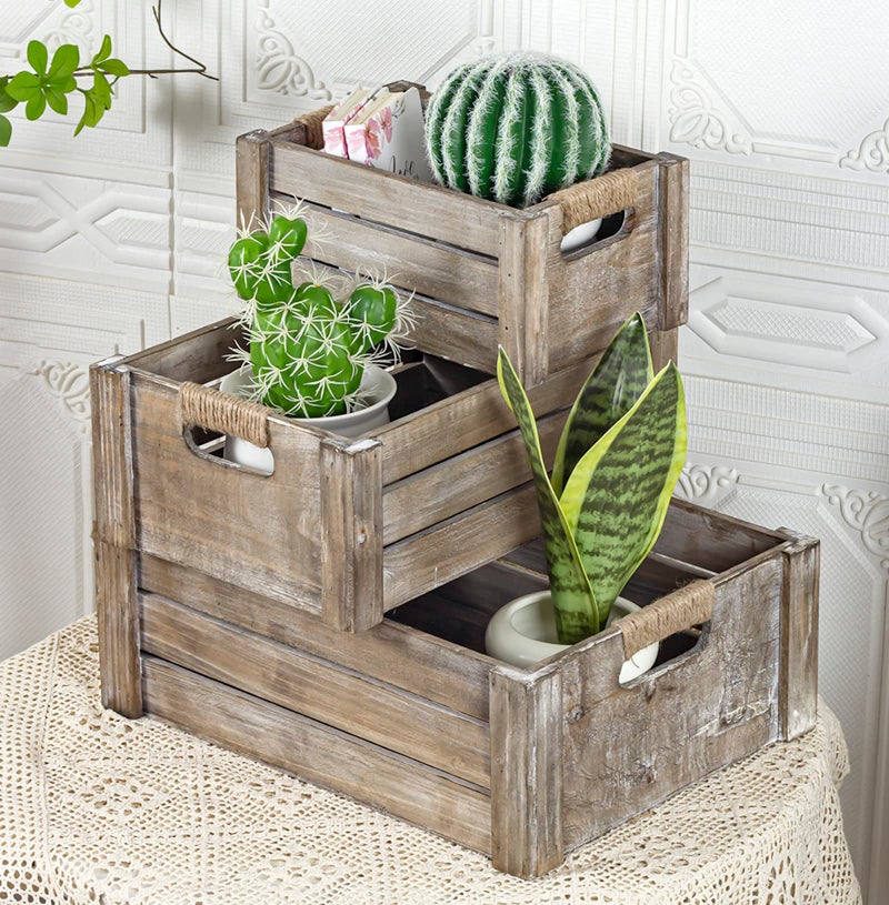 TIMRIS Set of 3 Rustic Wood Nesting Crates Farmhouse Wooden Storage Container Boxes with Cutout Handles Decorative Wooden Baskets for Display Rustic Gray