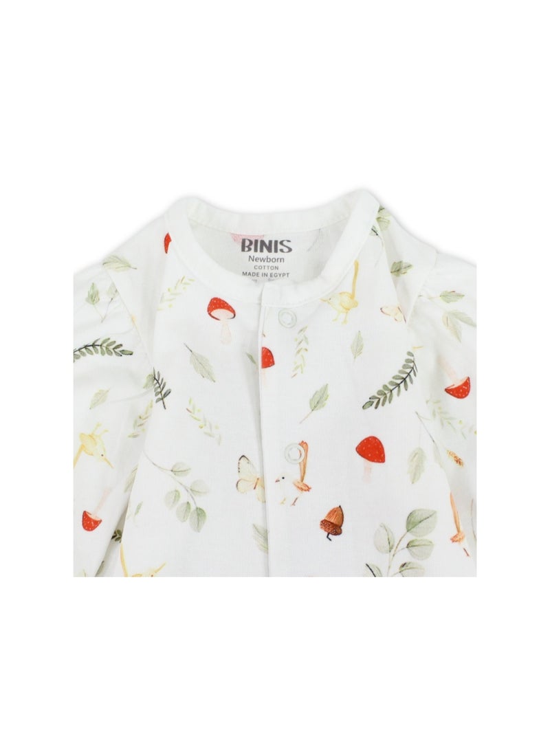 Berceau Baby Girls Cotton Footless Onesie – Off-White with Mushroom & Leaves Print - Image 3