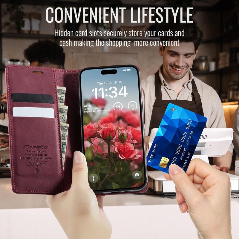 حافظة هاتف لأيفون 17، مصنوعة من جلد PU عالي الجودة [مانعة للتشويش الراديوي RFID]، تحتوي على فتحة للبطاقات ووظيفة وقوف، حافظة جلدية، حافظة للهاتف، غطاء لأيفون 17، لون بنفسجي - Image 4