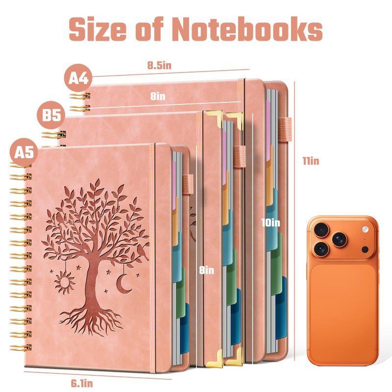 Ovesmusl Hardcover Spiral Notebook 8" x 10" with 5 Removable Dividers 300 Pages Leather 5 Subject Notebook College Ruled 100GSM Large Spiral Notebooks for Work Thick Lined Journal for Women, Pink - Image 2