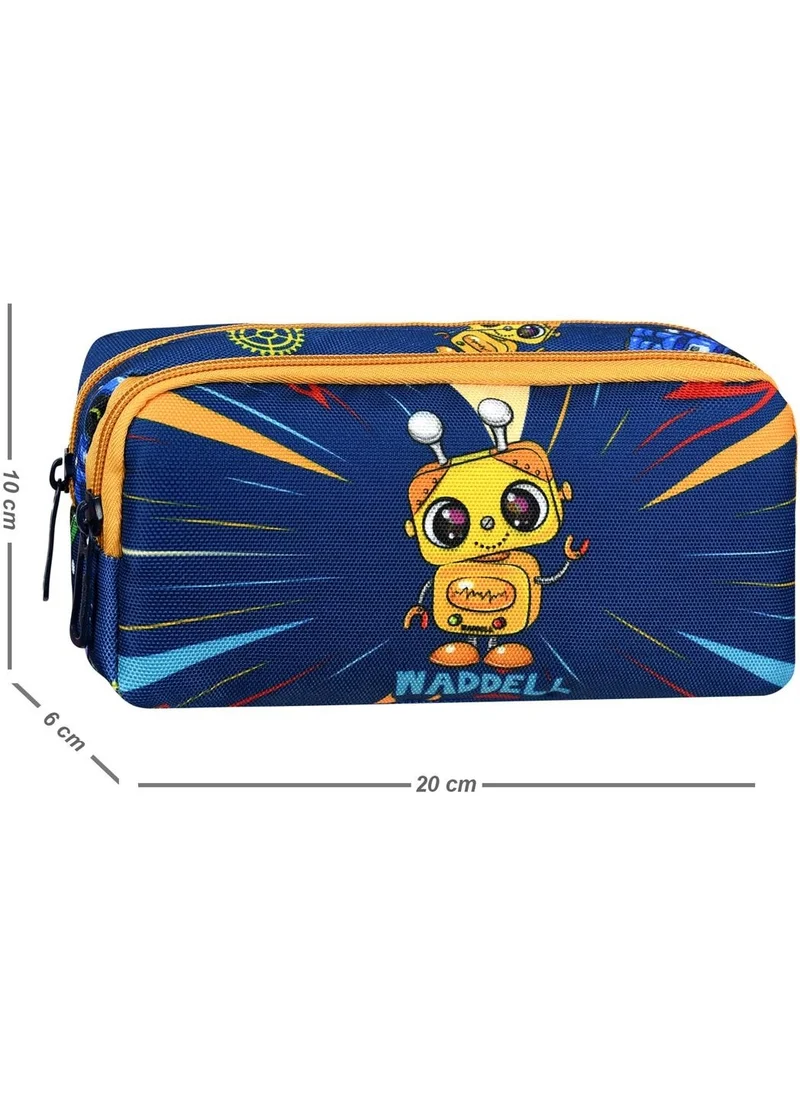 Waddell Licensed Navy Blue-Yellow Robot Patterned 2 Pocket Pencil Case