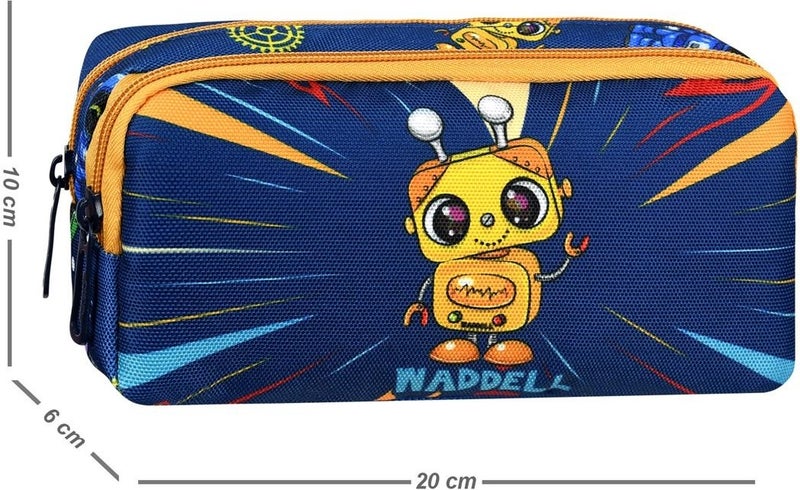 Waddell Licensed Navy Blue-Yellow Robot Patterned 2 Pocket Pencil Case - Image 2