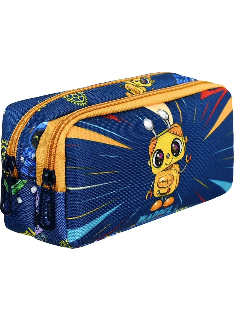 Waddell Licensed Navy Blue-Yellow Robot Patterned 2 Pocket Pencil Case