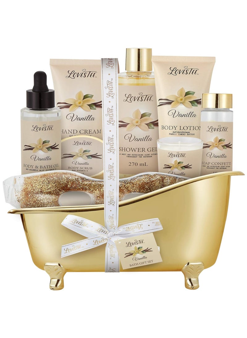 Lovestee Valentines Day Spa Gift Basket for Women Vanilla Bath  Body Set Christmas  Birthday Gift Includes Shower Gel Body Lotion Hand Cream Body Scrub Message Oil Candle Eye Mask Confetti 