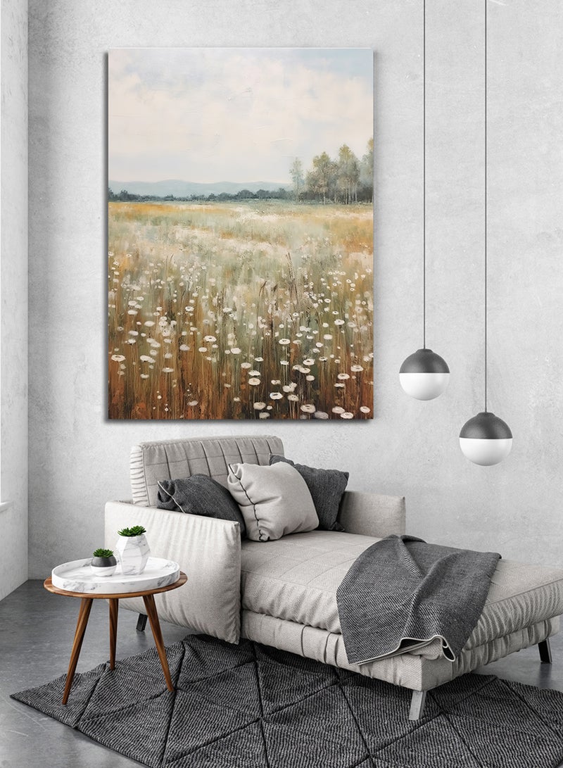 لوحة كانفاس على إطار خشبي بتصميم فن زيتي لحقول الزهور البرية - Image 1