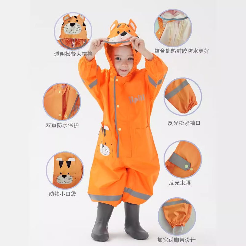 Children'S One-Piece Raincoat, Fashionable And Cute Three-Dimensional Raincoat With Hood And Reflective Baby Poncho - Image 3