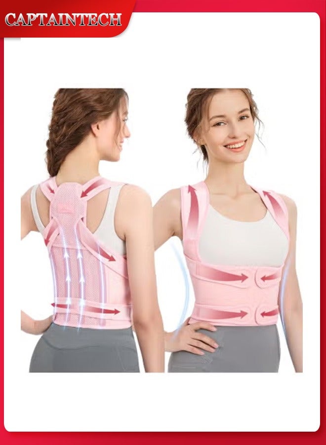 كابتن تيك مصحح وضعية الظهر للنساء، مكواة فرد الكتف، دعم كامل للظهر، الجزء العلوي والسفلي من الظهر لتخفيف آلام الظهر - الجنف، الحدبة، مصحح العمود الفقري الصدري، وردي - Image 1