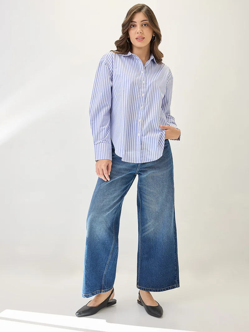 globus Globus Women Cuffed Sleeves Vertical Stripes Curved Hem Workwear Shirt