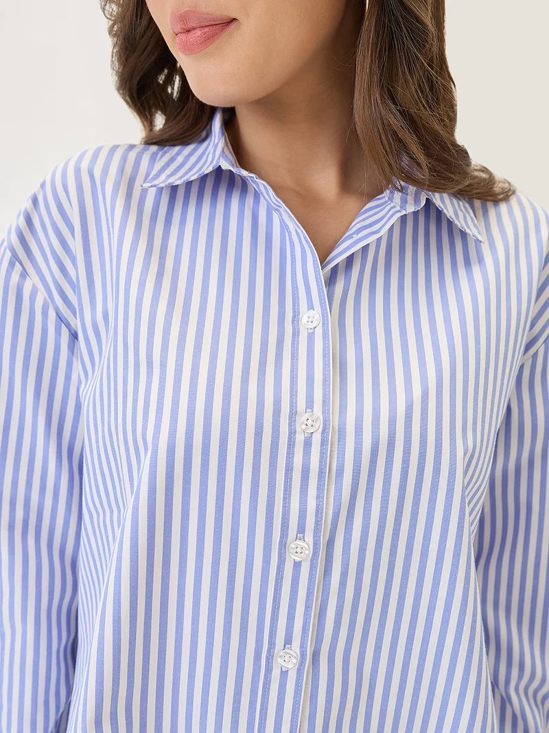 globus Globus Women Cuffed Sleeves Vertical Stripes Curved Hem Workwear Shirt