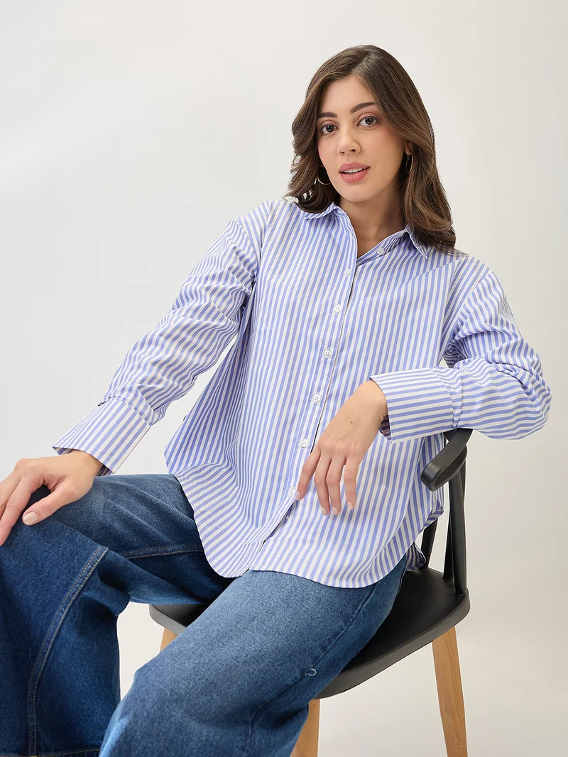 globus Women Cuffed Sleeves Vertical Stripes Curved Hem Workwear Shirt