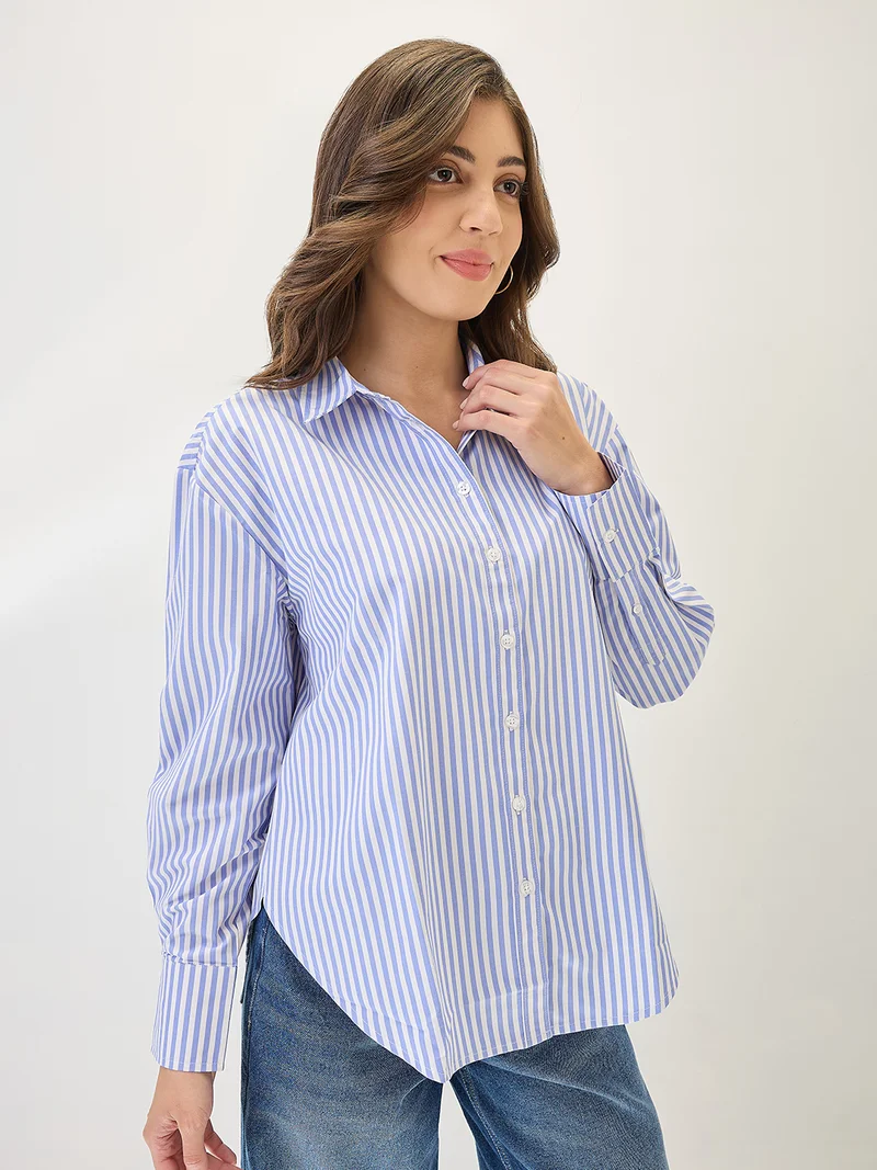 globus Women Cuffed Sleeves Vertical Stripes Curved Hem Workwear Shirt