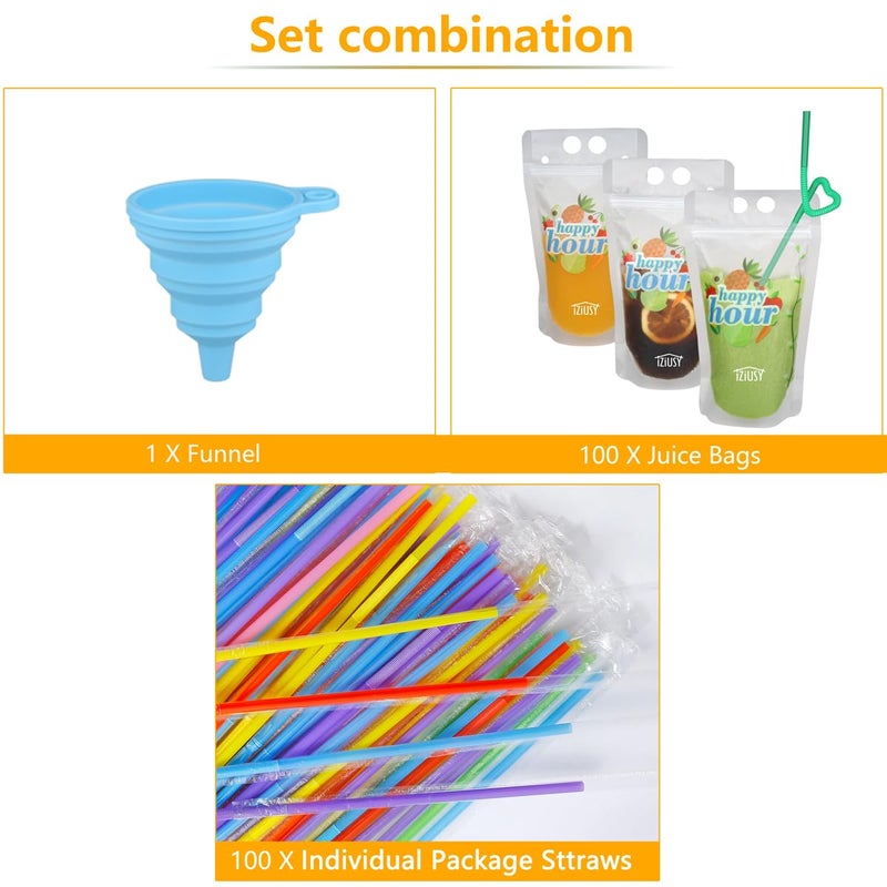 iziusy 100 Pcs Zipper Plastic Pouches Drink Bags  Heavy Duty Hand-Held Translucent Frosted Reclosable Stand-up Bag 2.4"" Bottom Gusset with 100 pcs Straws & Funnel Included - Image 2