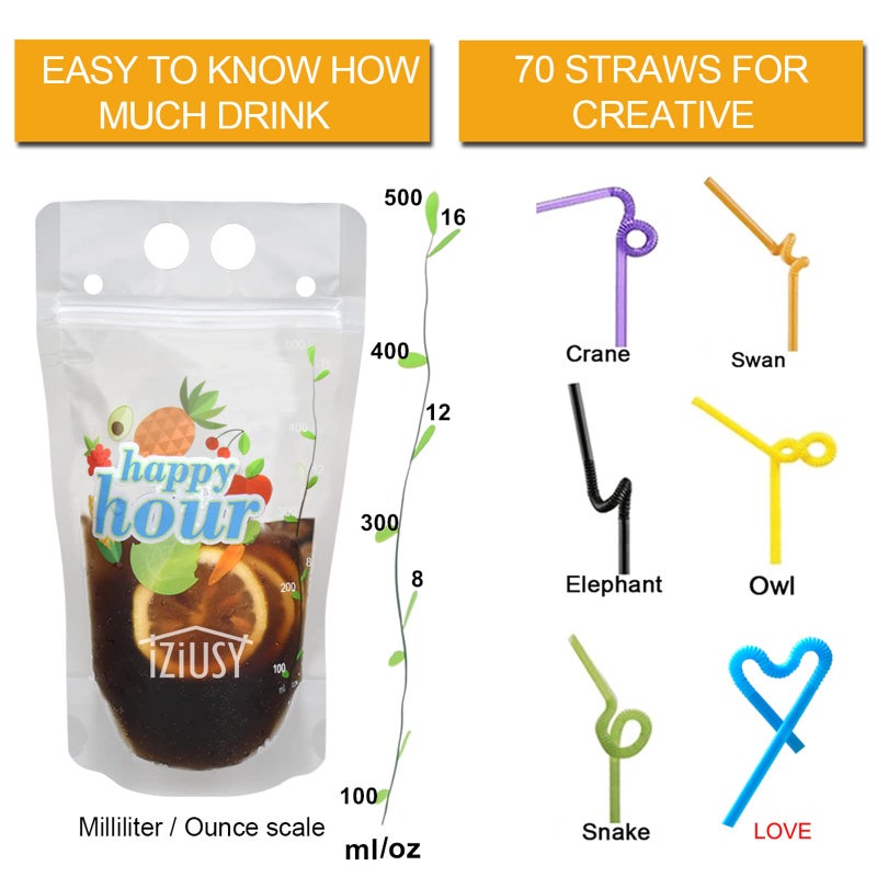 iziusy 100 Pcs Zipper Plastic Pouches Drink Bags  Heavy Duty Hand-Held Translucent Frosted Reclosable Stand-up Bag 2.4"" Bottom Gusset with 100 pcs Straws & Funnel Included - Image 5