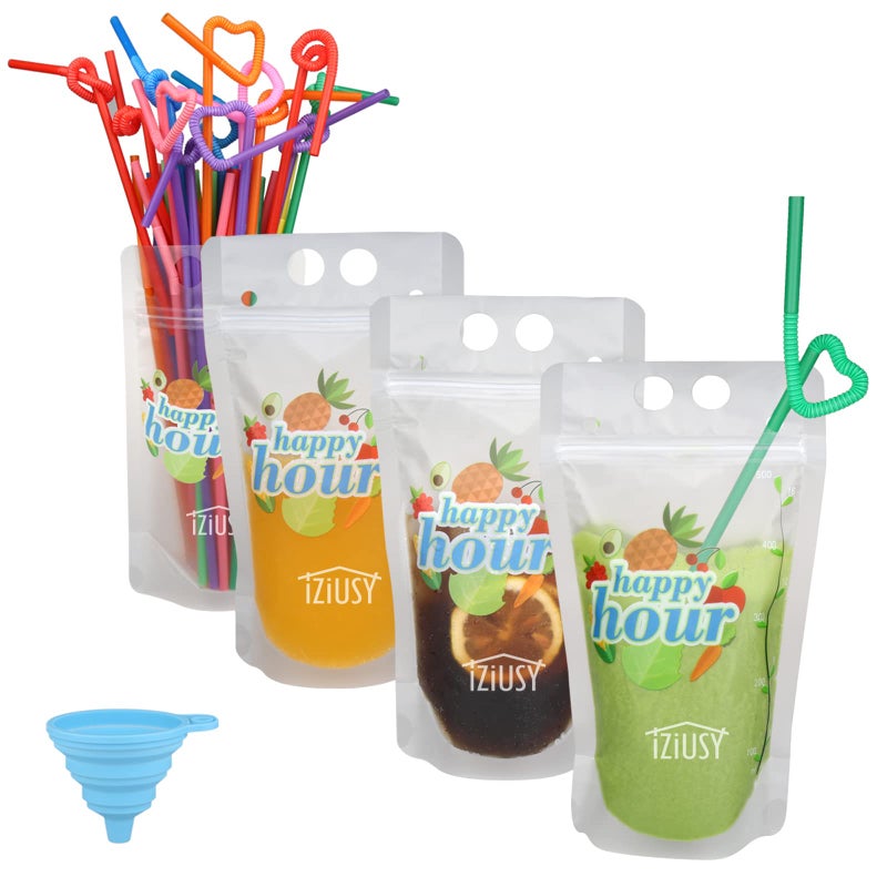 iziusy 100 Pcs Zipper Plastic Pouches Drink Bags  Heavy Duty Hand-Held Translucent Frosted Reclosable Stand-up Bag 2.4"" Bottom Gusset with 100 pcs Straws & Funnel Included - Image 1