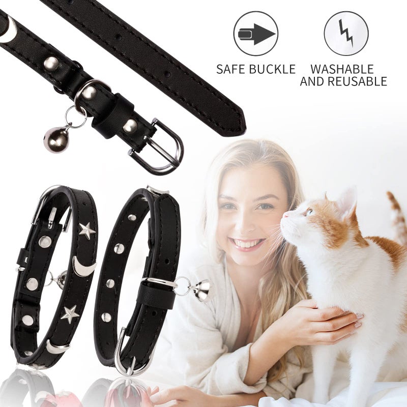 CHUKCHI Leather Cat Collars for Boy Girl Cats with Bell and Safety Elastic Belt, Personalized Star and Moon Stud Adjustable Safe Buckle Collar for Kitty Small Big Cats Size 8-12 InchRose (Black) - Image 4