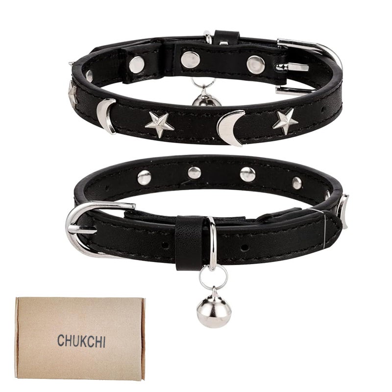 CHUKCHI Leather Cat Collars for Boy Girl Cats with Bell and Safety Elastic Belt, Personalized Star and Moon Stud Adjustable Safe Buckle Collar for Kitty Small Big Cats Size 8-12 InchRose (Black) - Image 1